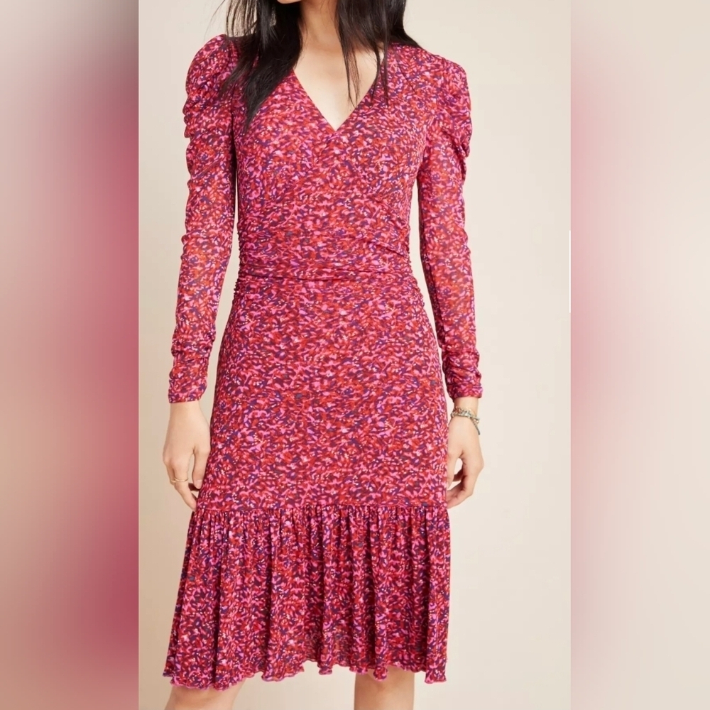 Diane Von Furstenberg Alyssa Ruched Red Pink Nylon Print Dress Size M